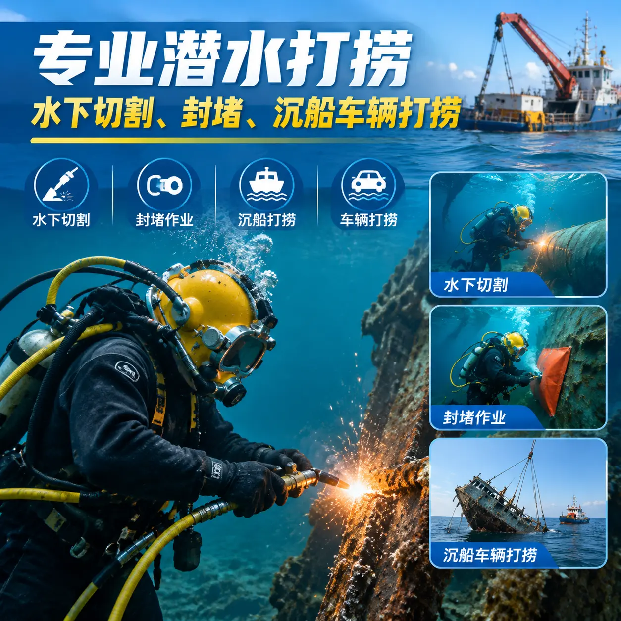 专业潜水打捞｜水下切割、封堵、沉船车辆打捞普宁